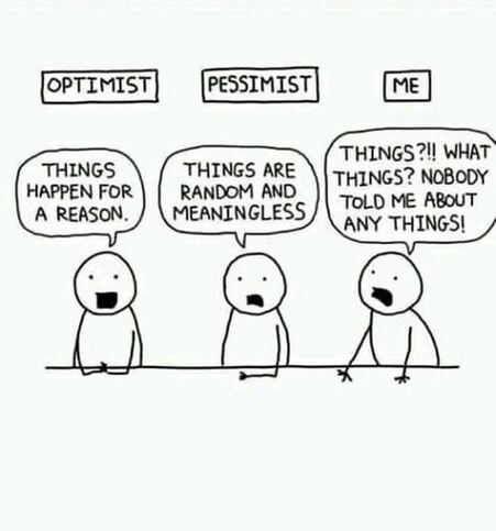 cartoon with 3 stick figures. optemist says things happen for a reason, the pessimist says things are random and meaningless, and I sayswhat things, nobody told me about any things