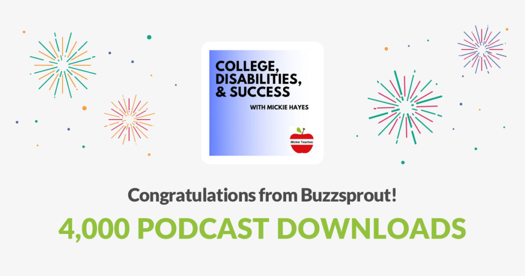 Image from Buzzsprout for College, Disabilities, and Success with Mickie Hayes congratulating 4000 podcast episodes helping college students with disabilities.
