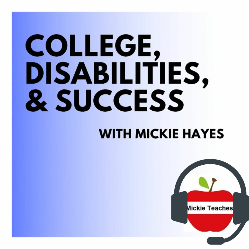 College, Disabilities, and Success with Mickie Hayes image of Mickie teaches red apple logo wearing headphones